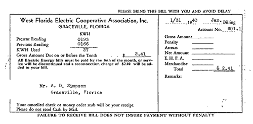 WFEC founding member A. D. Simpson’s January 1940 electric bill is for the amount of $2.41